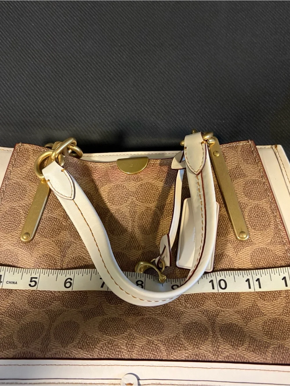 Coach Dreamer Brown Signature Satchel with Cream Trim and Gold Hardware